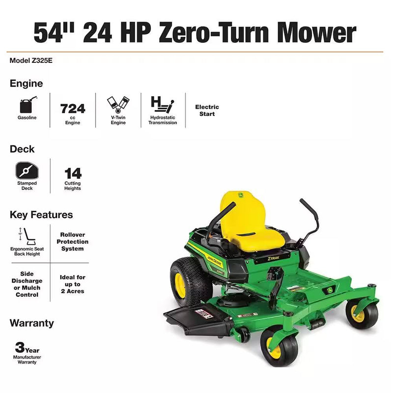 John Deere Z325E 54" Dual Hydrostatic Zero-Turn Riding Mower - Powerful 24 HP Gas Engine for Effortless Lawn Care