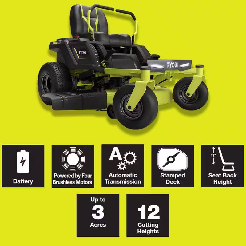 Ryobi 42" Powerful 100 Ah Battery Electric Zero Turn Riding Mower