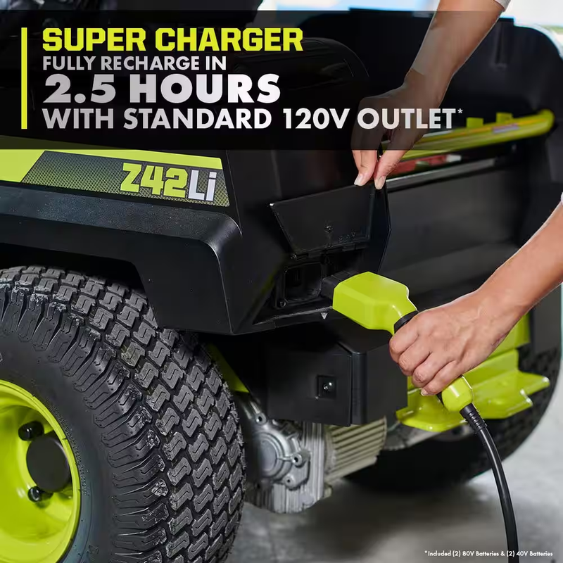 Powerful 80V Brushless 42-Inch Cordless Zero Turn Riding Mower with Dual 80V Batteries, Two 40V Batteries, and Charger!